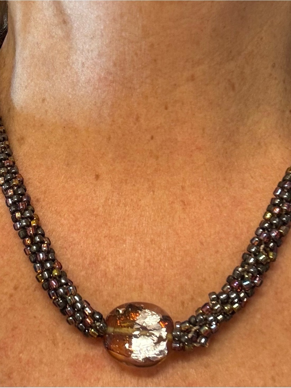 Handcrafted Brown Glass Bead Necklace with Amber Focal Pendant - Picture 9 of 9